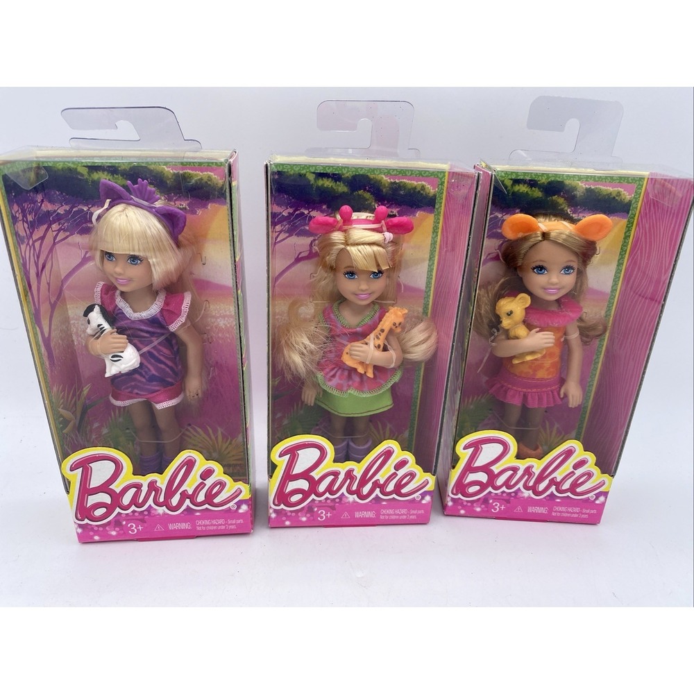 Mattel Barbie Friends Safari Fun Chelsea Doll Set Of 3 W/Zebra, Giraffe 2013 NIB